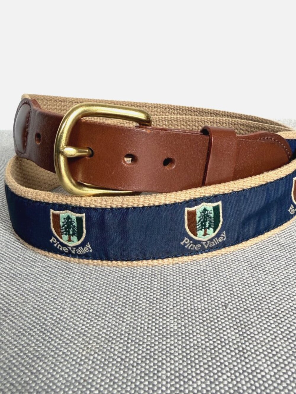 PINE VALLEY Golf Club Belt 36 Navy Embroidered Ribbon Leather Man Essex Brass